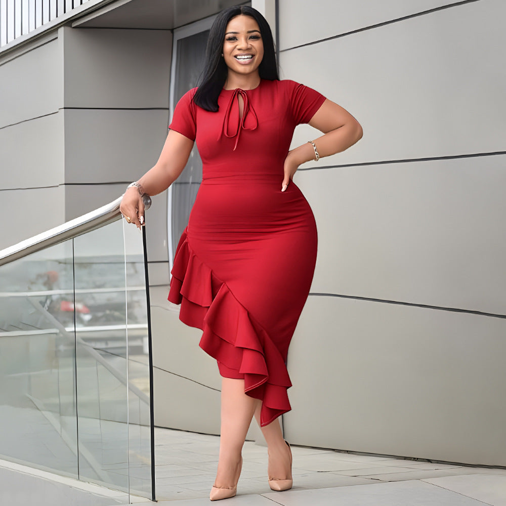 fashion Plus Size women's sexy Casual tie neck ruffle bodycon dress