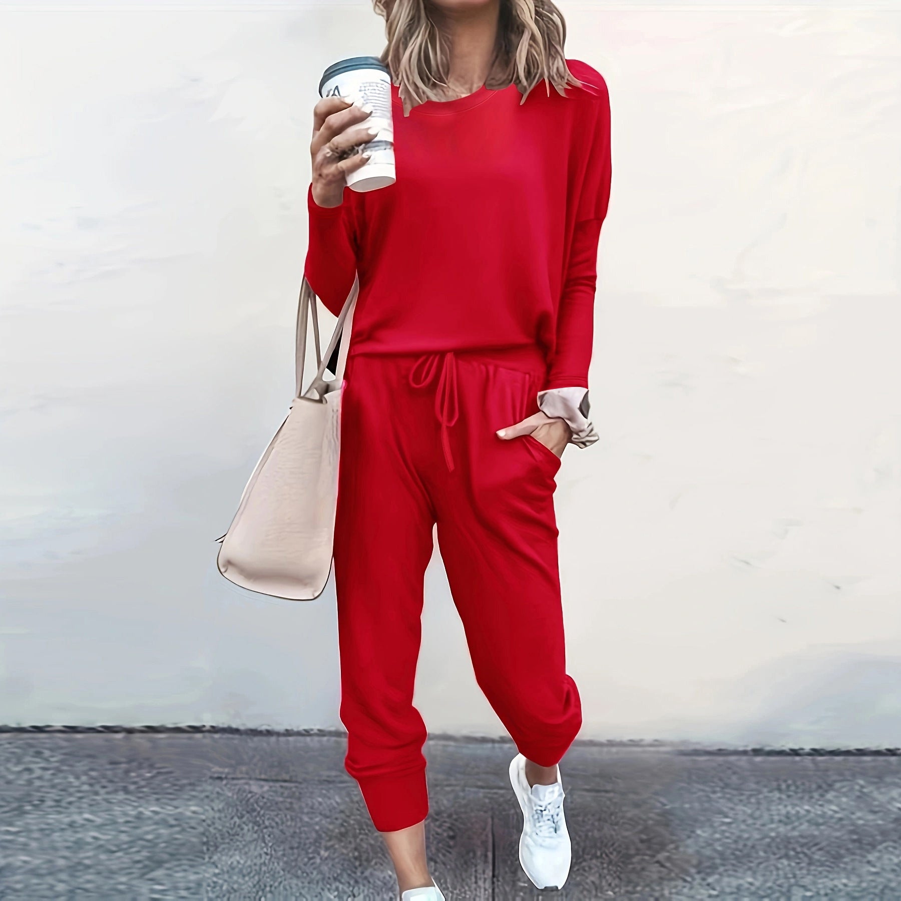 Autumn and Winter Women's Clothing Round Neck Loose Solid Color Long Casual Two-piece Pants Set 13