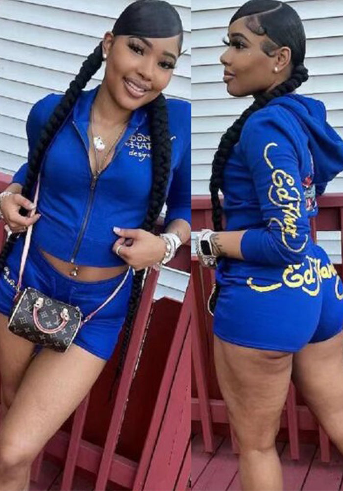 Trendy Printed Long-Sleeved Hoodies Shorts Two Piece Set