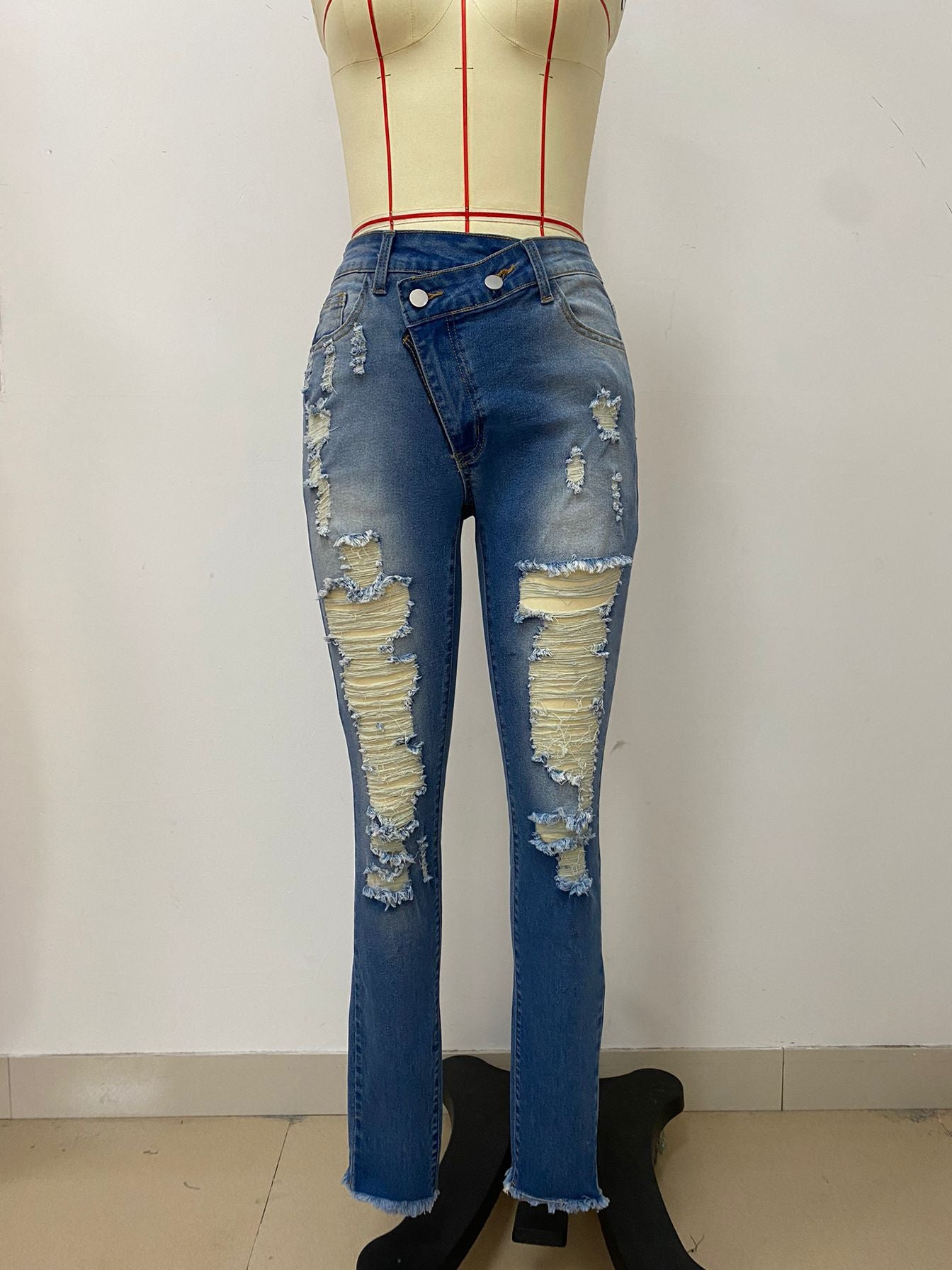 Autumn Winter Women's Straight Elastic Waist Ripped Denim Pants 6