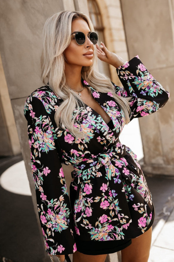 Women autumn long-sleeved leopard print Turndown Collar lace-up jacket 4