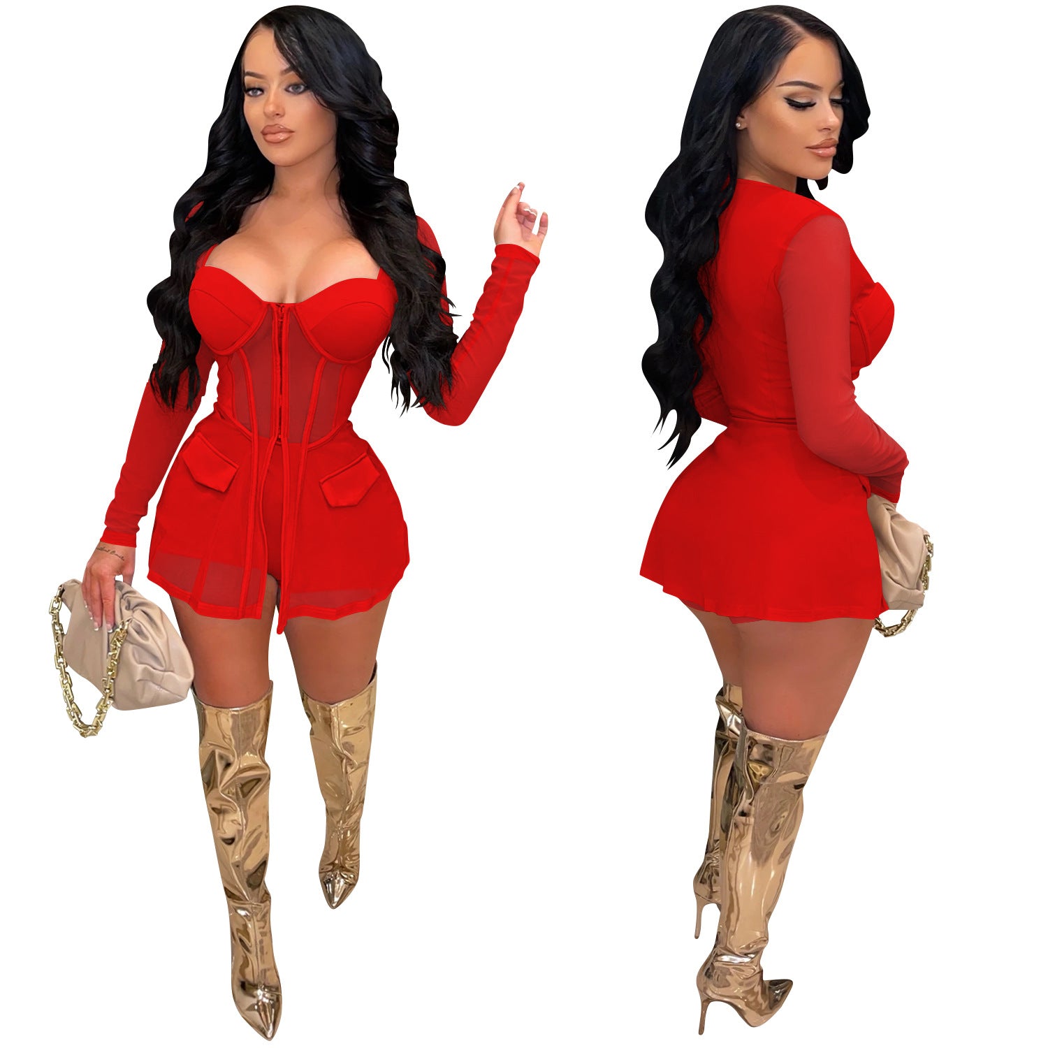 Women Mesh See-Through Long-Sleeved Top and Shorts Two-Piece Set 20