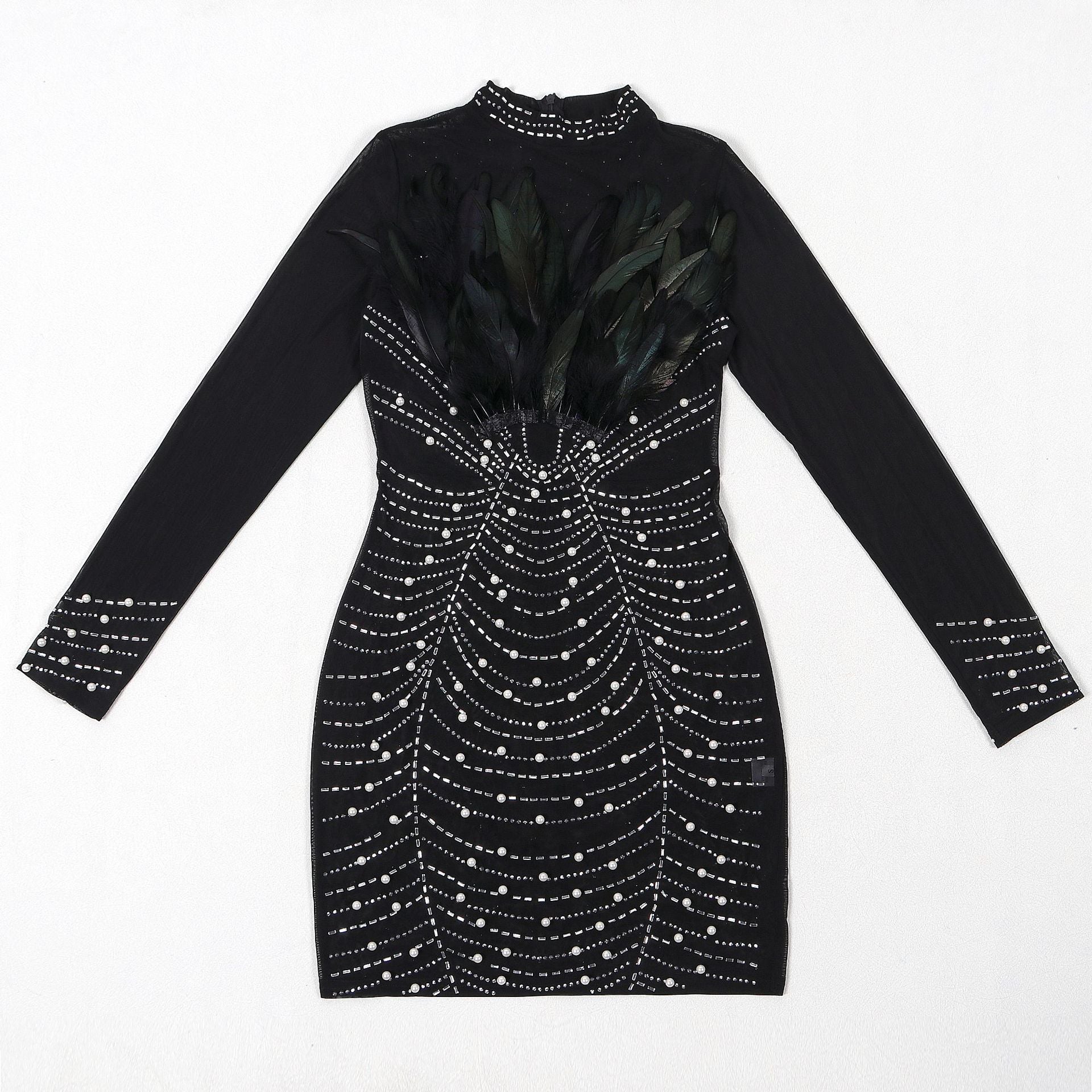 Sexy See Through Mesh Long Sleeve Beaded Feather Bodycon Dress 5