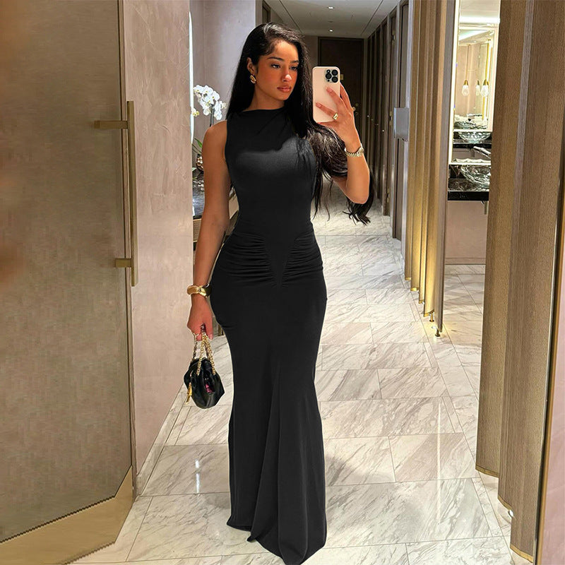 Spring Fashion Solid Color Sleeveless Pleated High Waist Slim Fit Long Dress