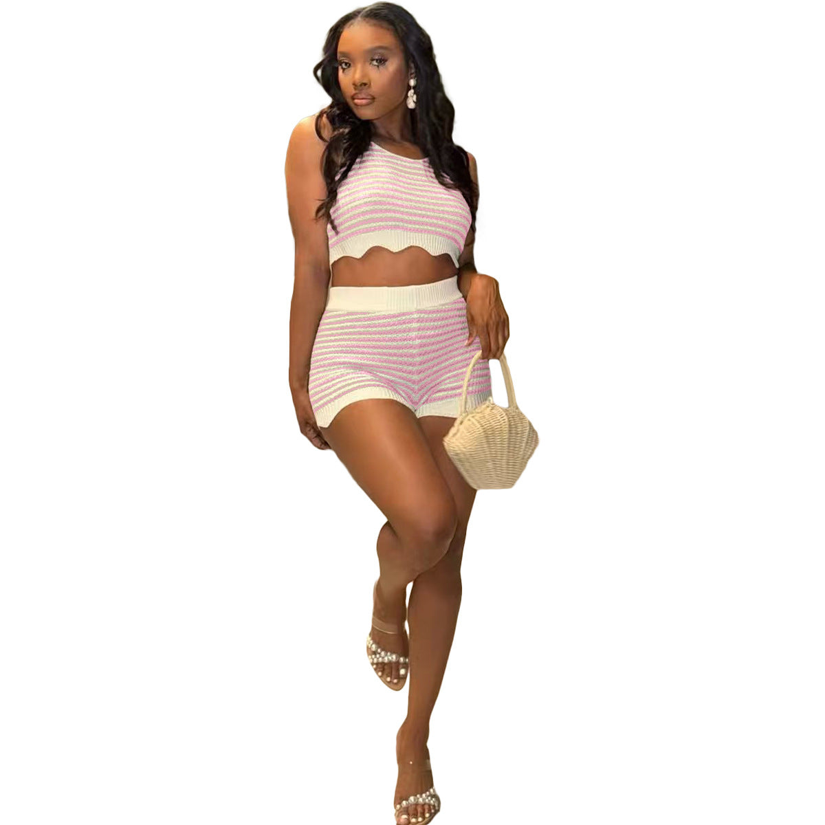 Fashion Casual Summer Contrast Color Knitting Short Sleeve Two Piece Shorts Set 14