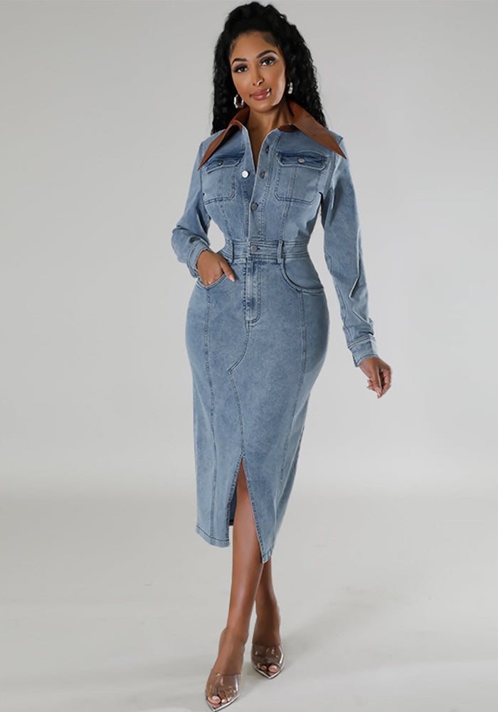 Fashion Women's Clothing Denim Patchwork Long Sleeve Slit Long Dress
