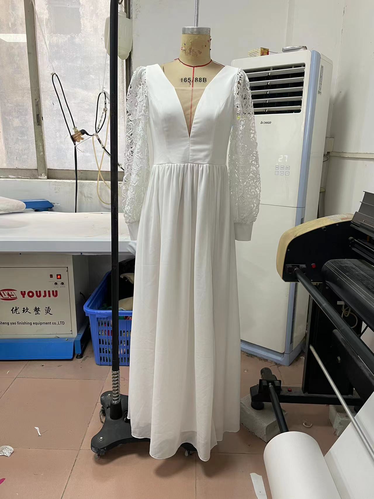 Spring Elegant V-Neck Low Back Long Sleeve Slit Women's Wedding Dress 7