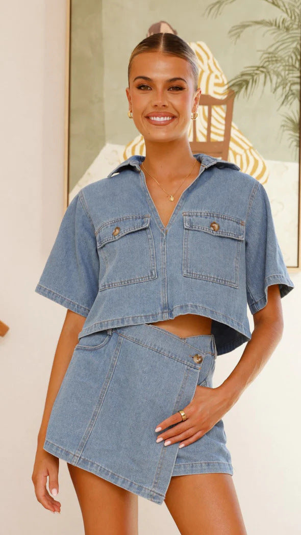 Summer Loose Irregular Short-Sleeve V-Neck two Denim Shorts set 9