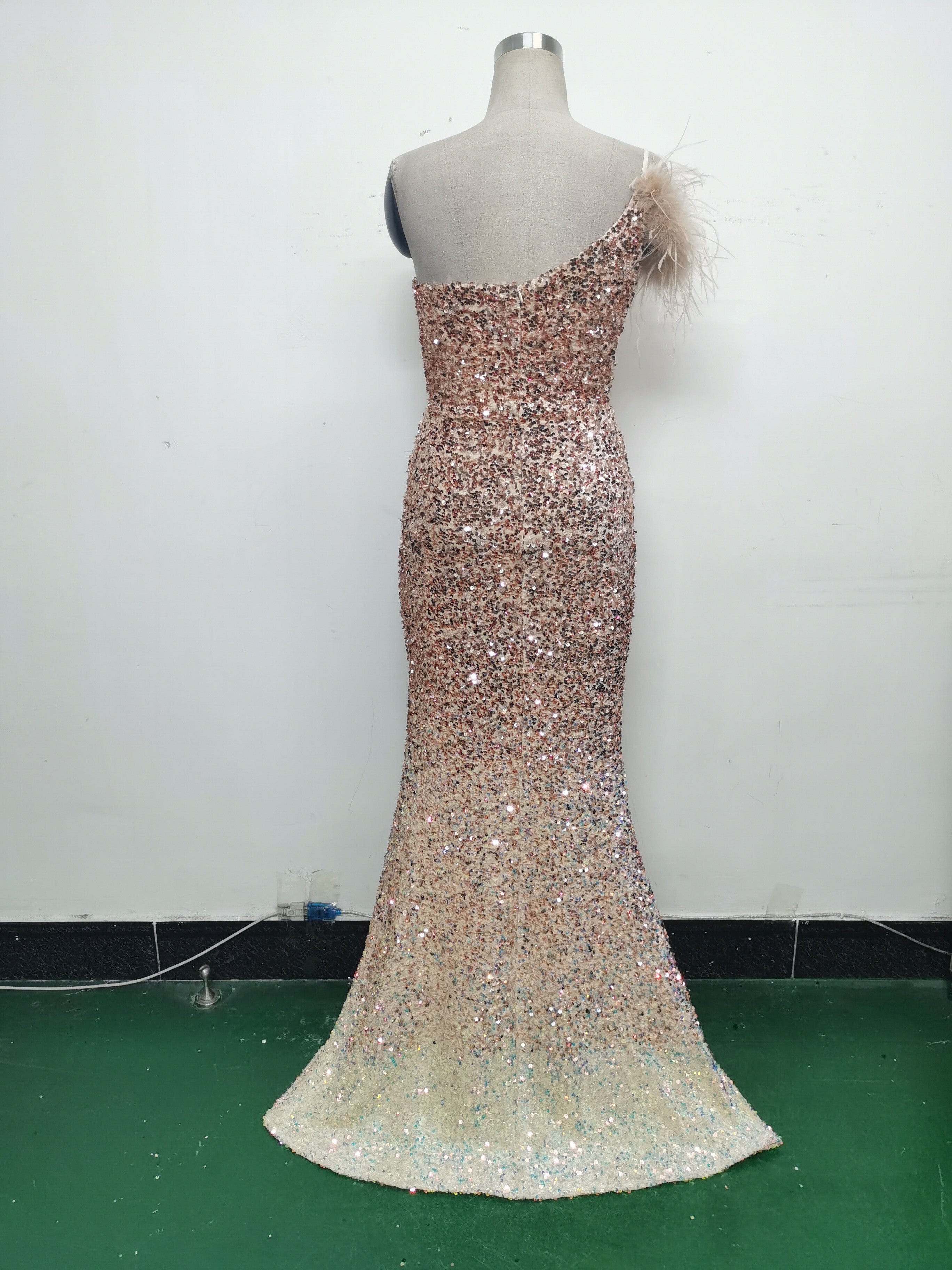 Women Gradient Velvet Bottom Beaded Ostrich Feather One Shoulder Slash Shoulder Slit Evening Dress 31