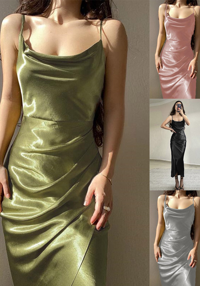 Sexy Low Cut Satin Slit Strap Dress Slim Fit Low Back Maxi Dress