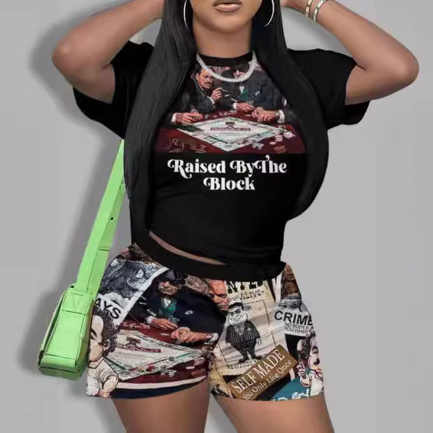 Fashion Casual Trendy Printed Short-Sleeved Two Piece Shorts Set 4