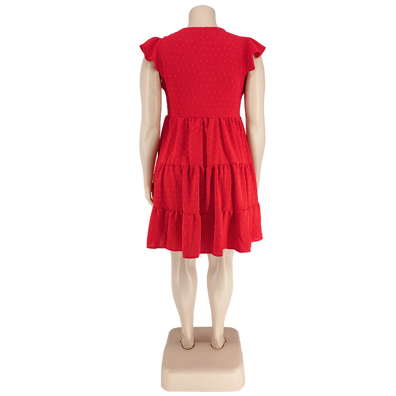 Plus Size Women's Solid Color Ruffled Short Sleeve Button Up Casual A-line Dress 14