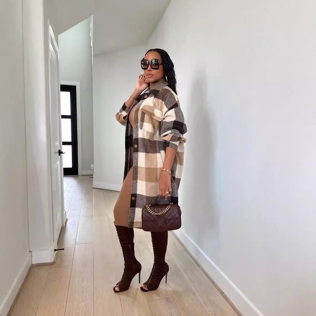Women Plaid Long Sleeve Long Jacket 4
