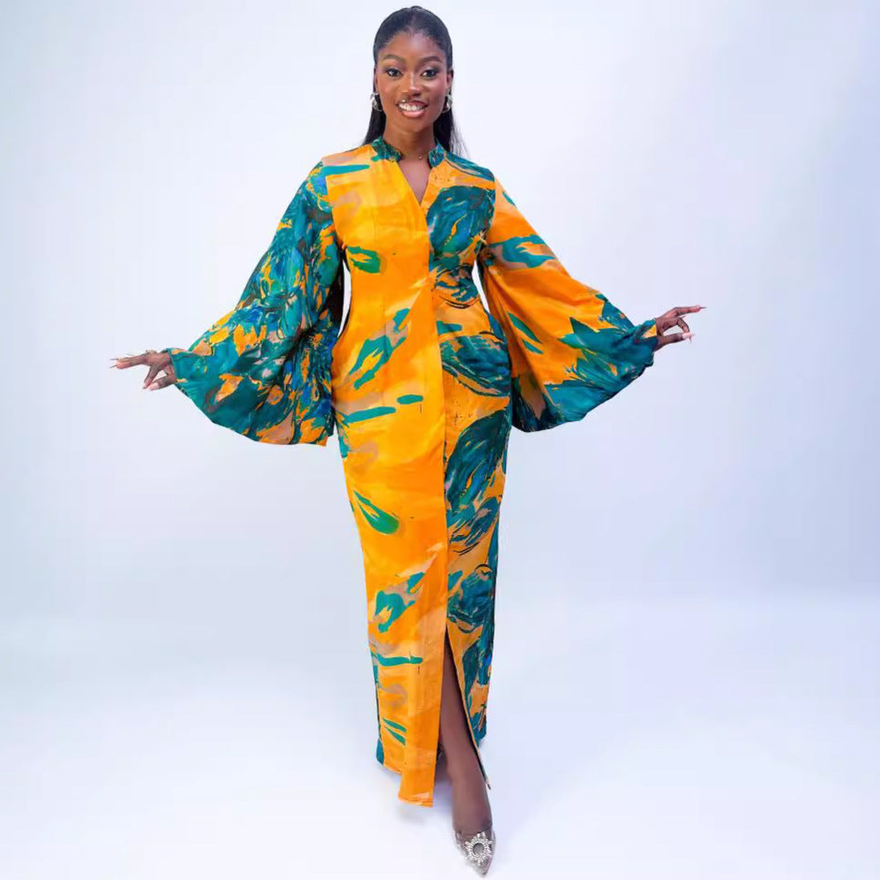 Printing Bell Bottom Sleeve V-Neck Slim Waist Long Dress 3