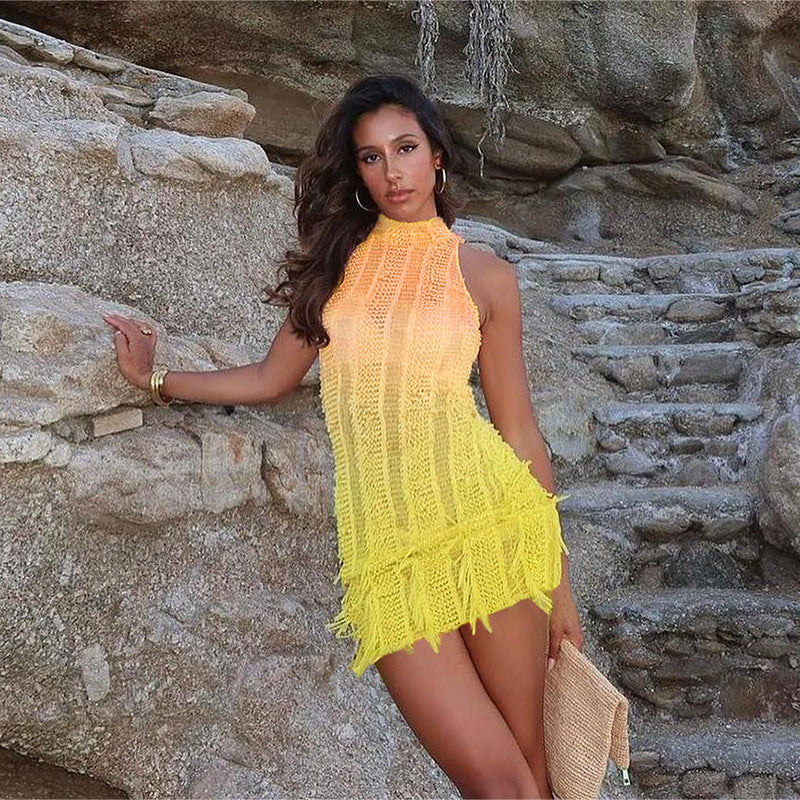 Women Summer Sleeveless Round Neck Gradient Tassel Dress