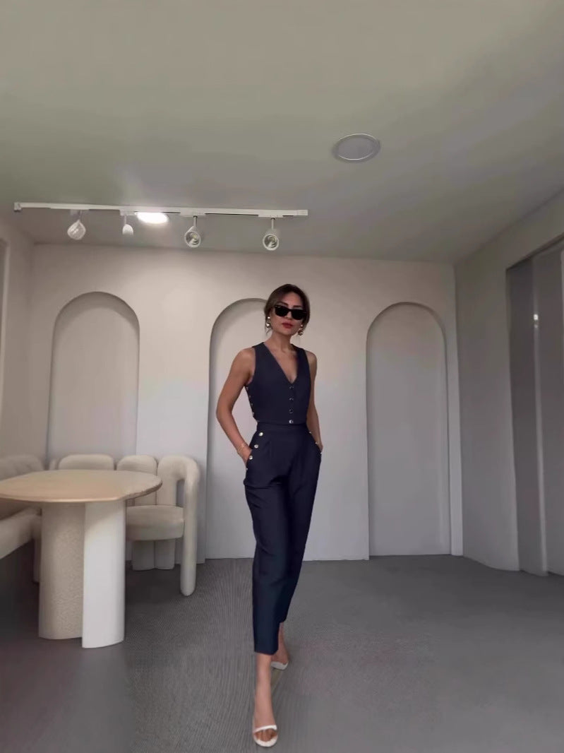 Women Casual Summer Solid Vest and Pants Two-Piece Set 7