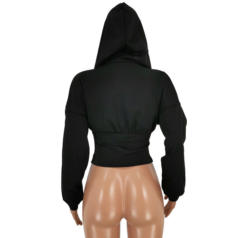 Women Sexy Elastic Waist Loose Hooded Zipper Top 31