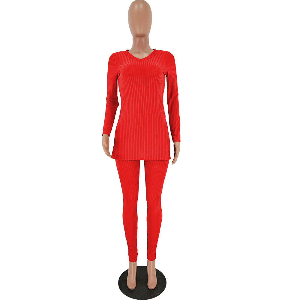 Women slit Ribbed sexy Top and Pant two-piece set 16