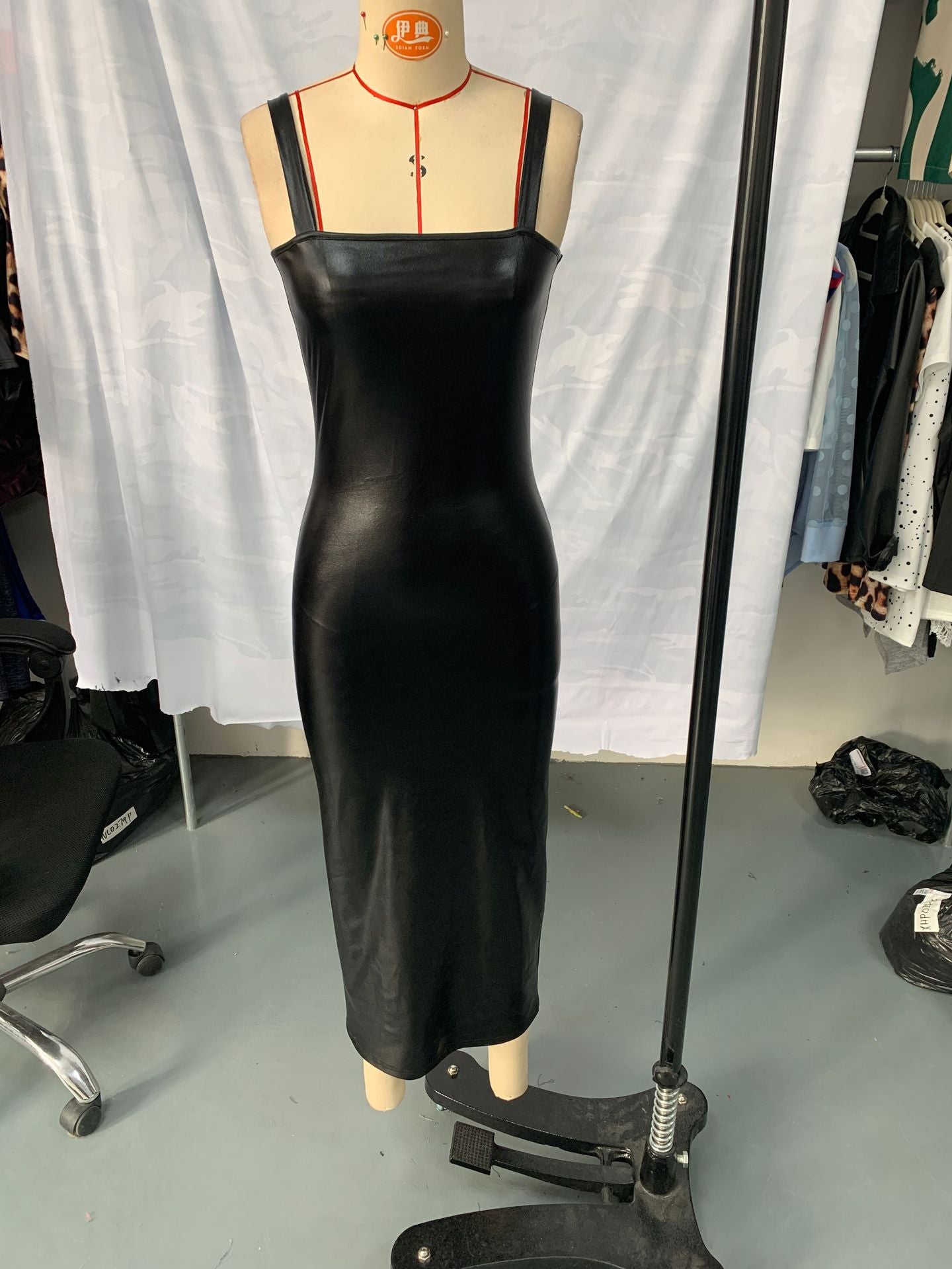 Spring & Summer Fashion Strappy Slim Waist Bodycon Back Slit Midi PU Dress 8