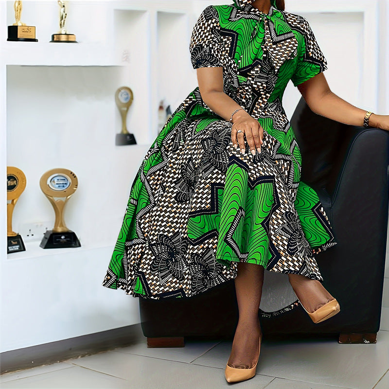 Plus Size Women's Short Sleeve Printed A-Line Long Dress 5