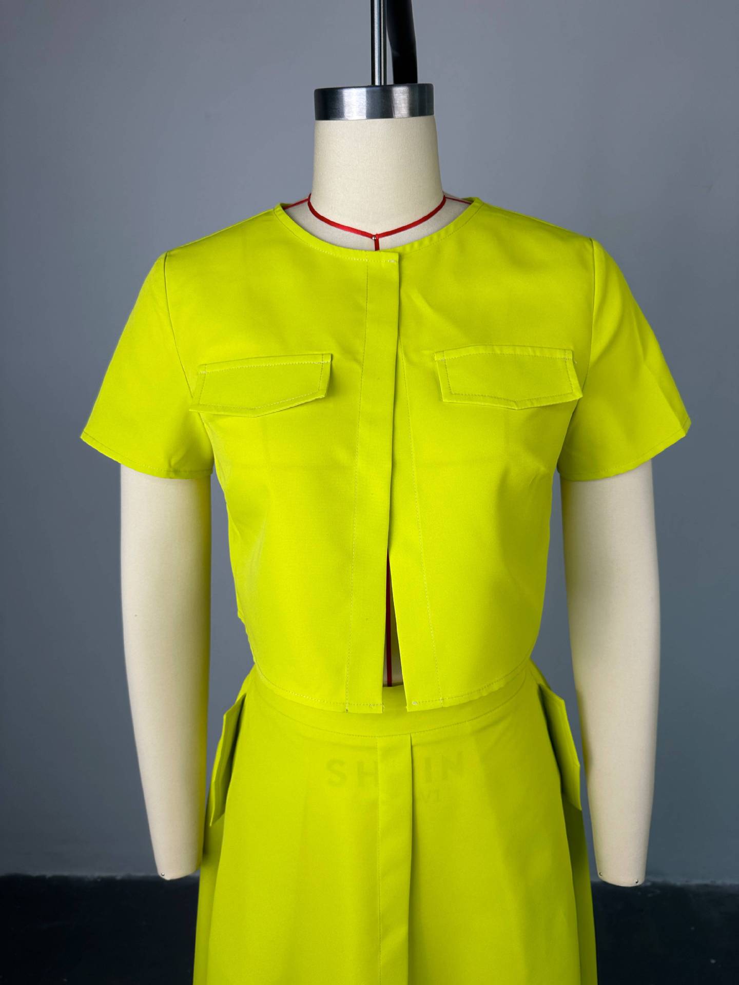 Women Summer Chic Round Neck Short Sleeve Top and Button Skirt Two-piece Set 6