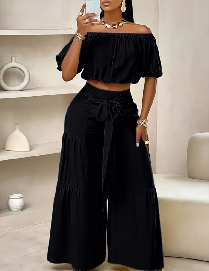 Women's Casual High-Waist Solid Color Flared Lace-Up Wide-Leg Pants Set
