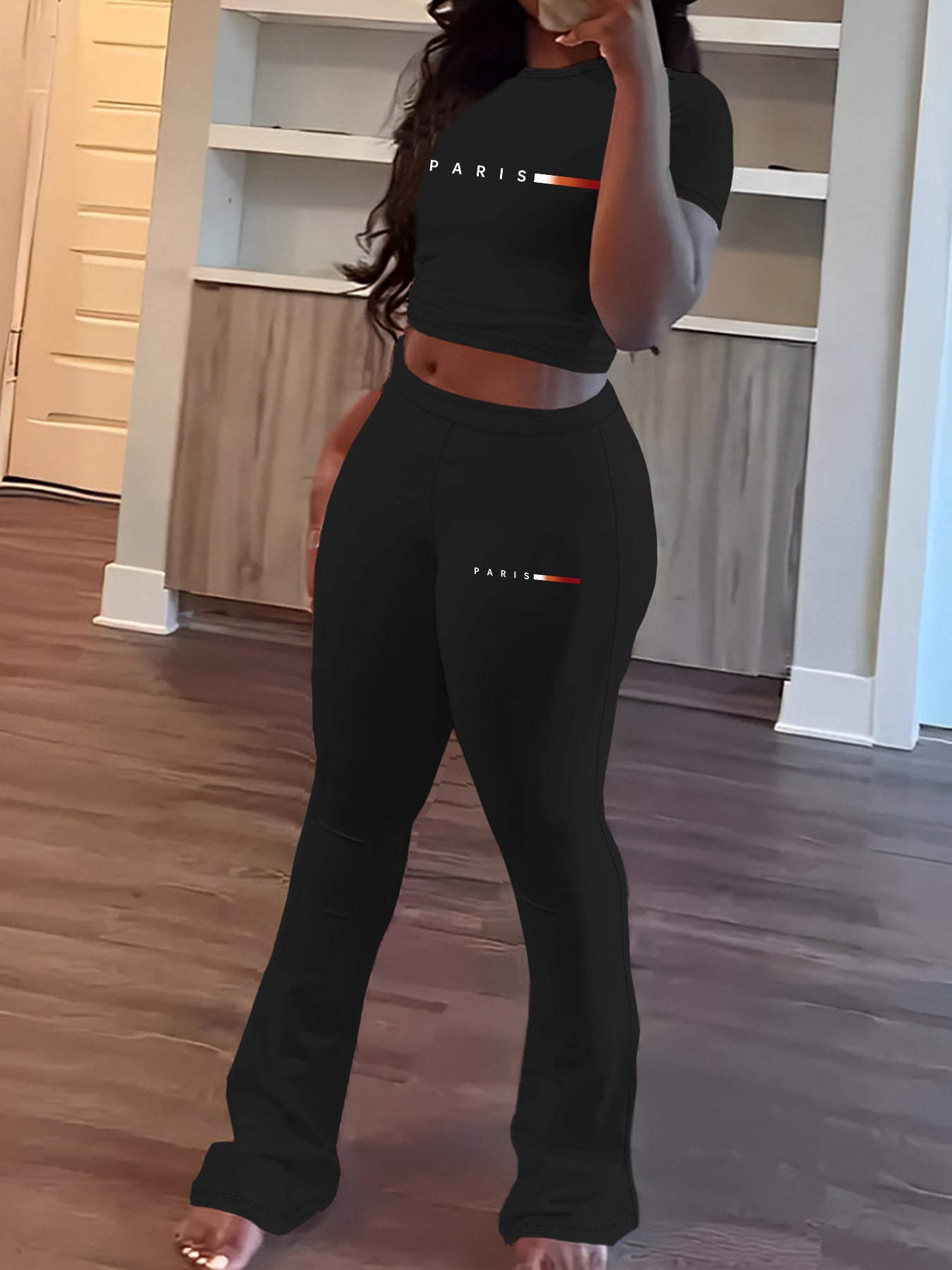 Spring Printed Short Sleeve Round Neck Top and Long Pants Two-Piece Set for Women 22