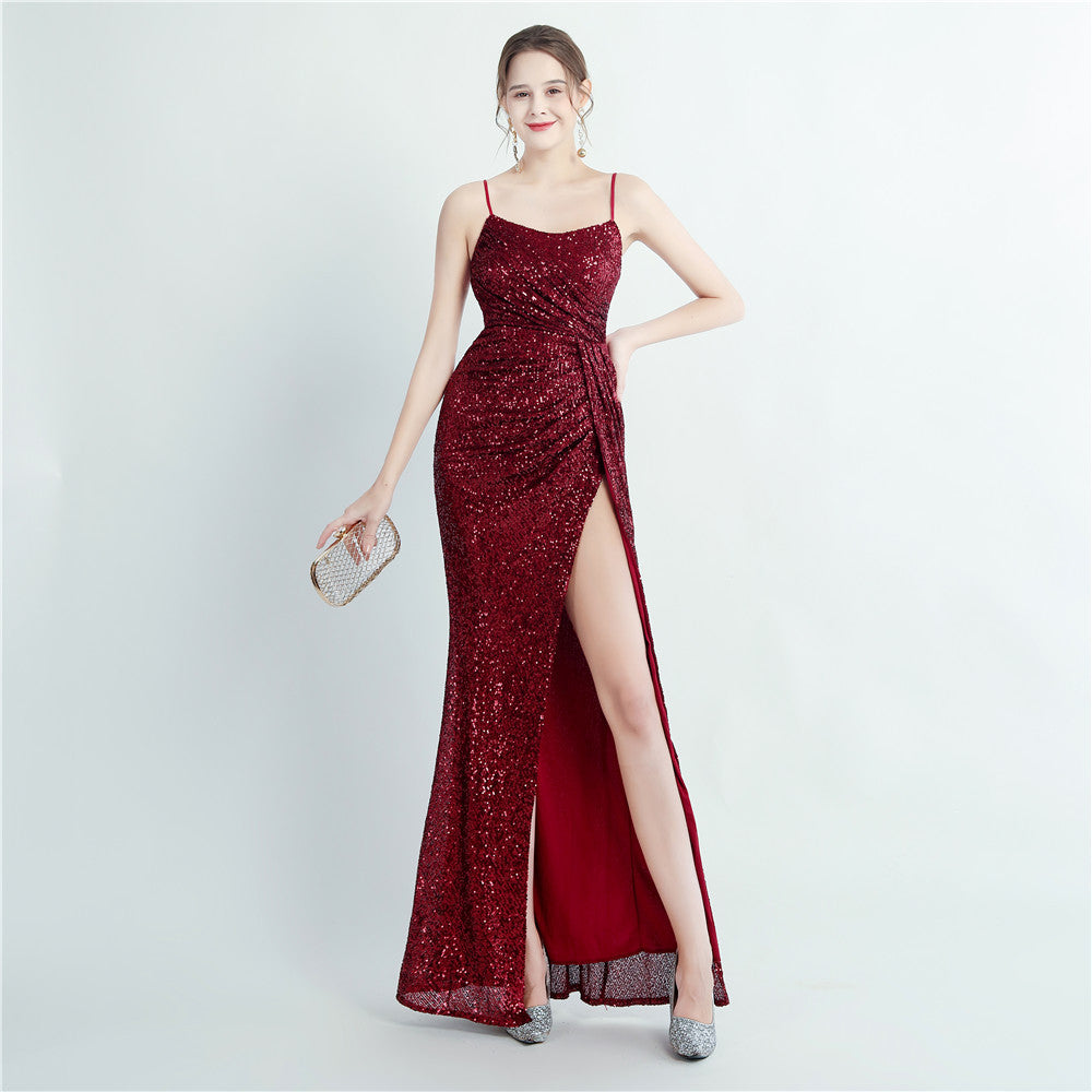 sequin pleated side slit straps long evening dress 11