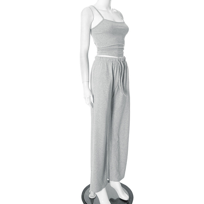 Women's Spring Summer Solid Color Sleeveless Low-Back Sexy Strap Top Pants Two Piece Set 9