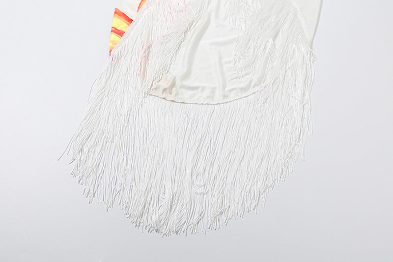 Women fall/winter Halter Neck lace-up V-neck backless printed top and tassel sexy skirt two-piece set 18