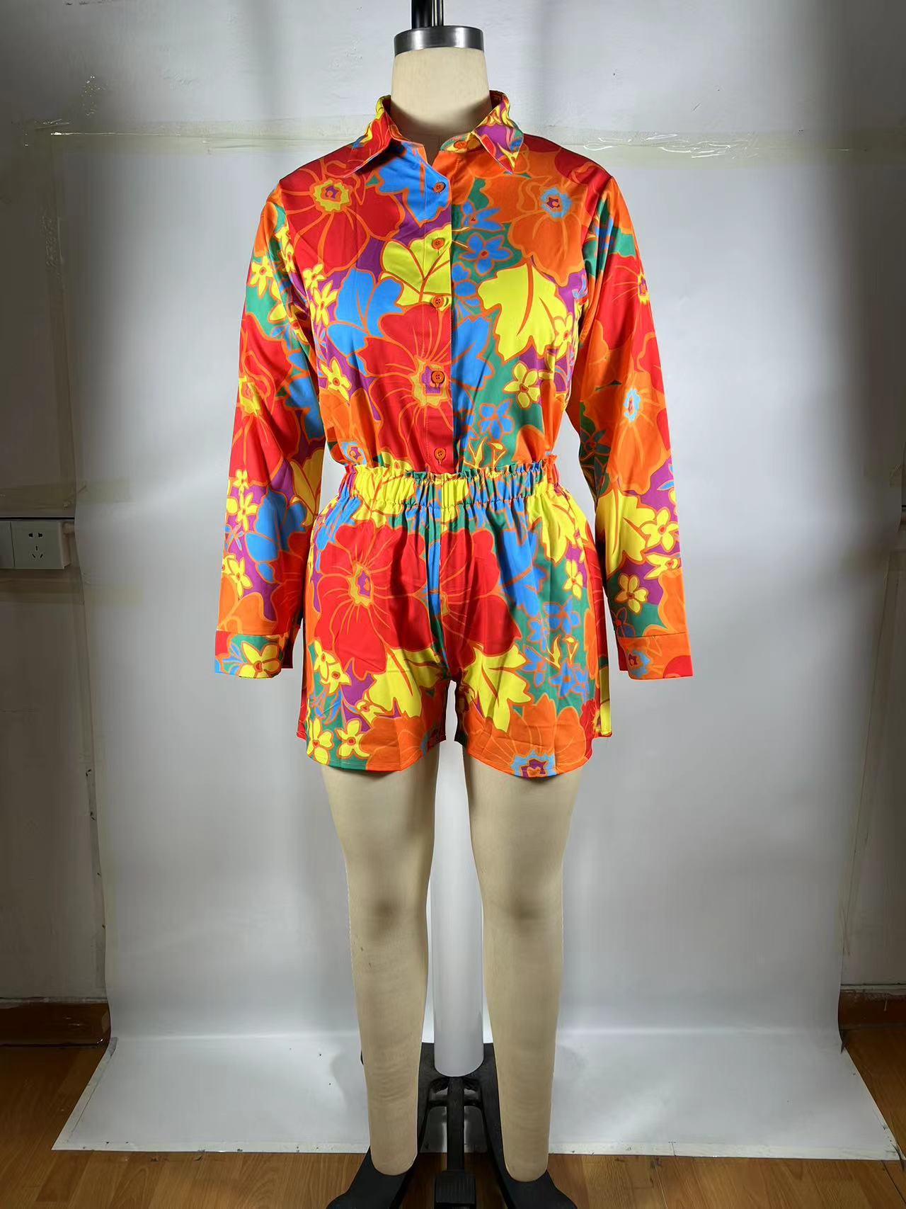 Summer Women Flower Print Long Sleeve Shirt Shorts Two-piece Set 6
