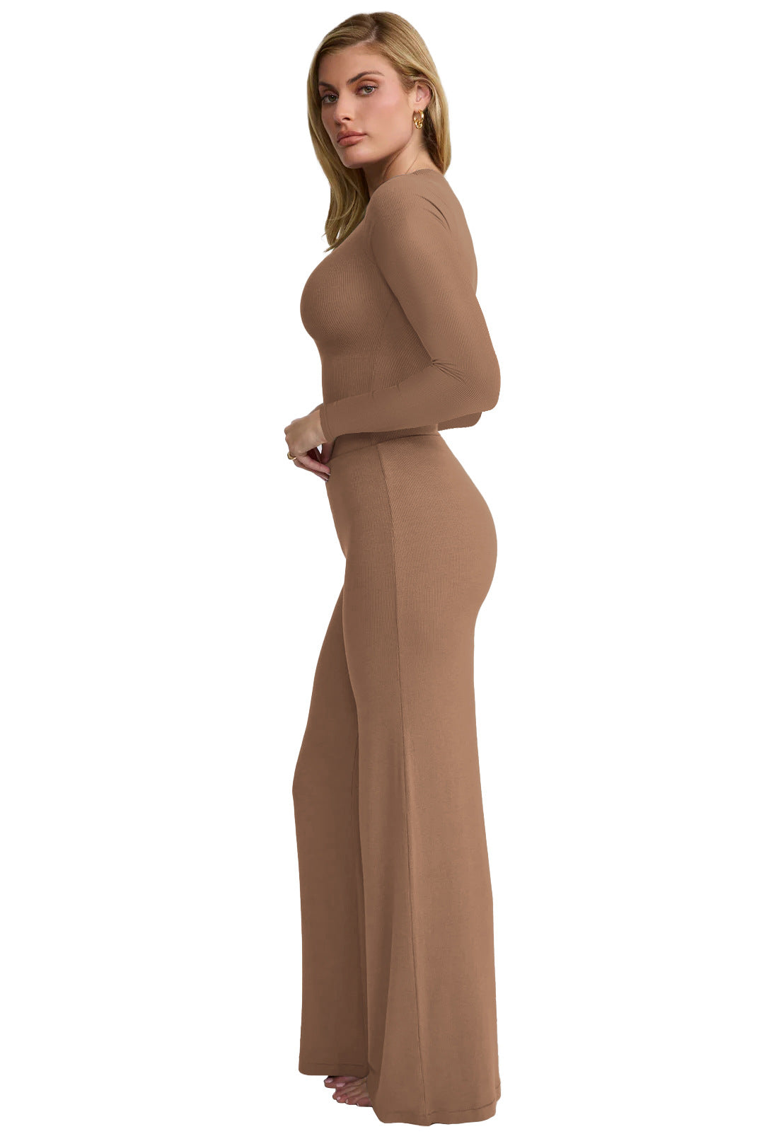 Women Autumn and Winter Casual Solid Long Sleeve Top and Wide Leg Pants Two-piece Set