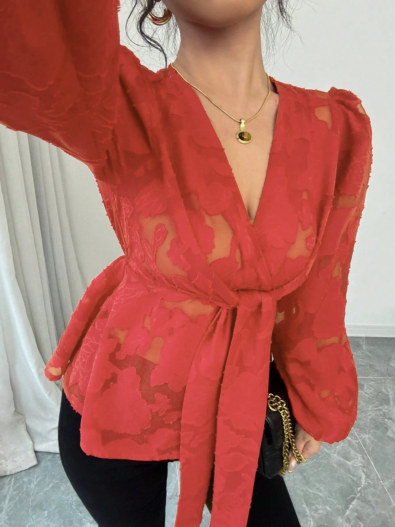 Women's Fashion Spring Autumn Sexy Sheer Long Sleeve V-Neck Blouse 6