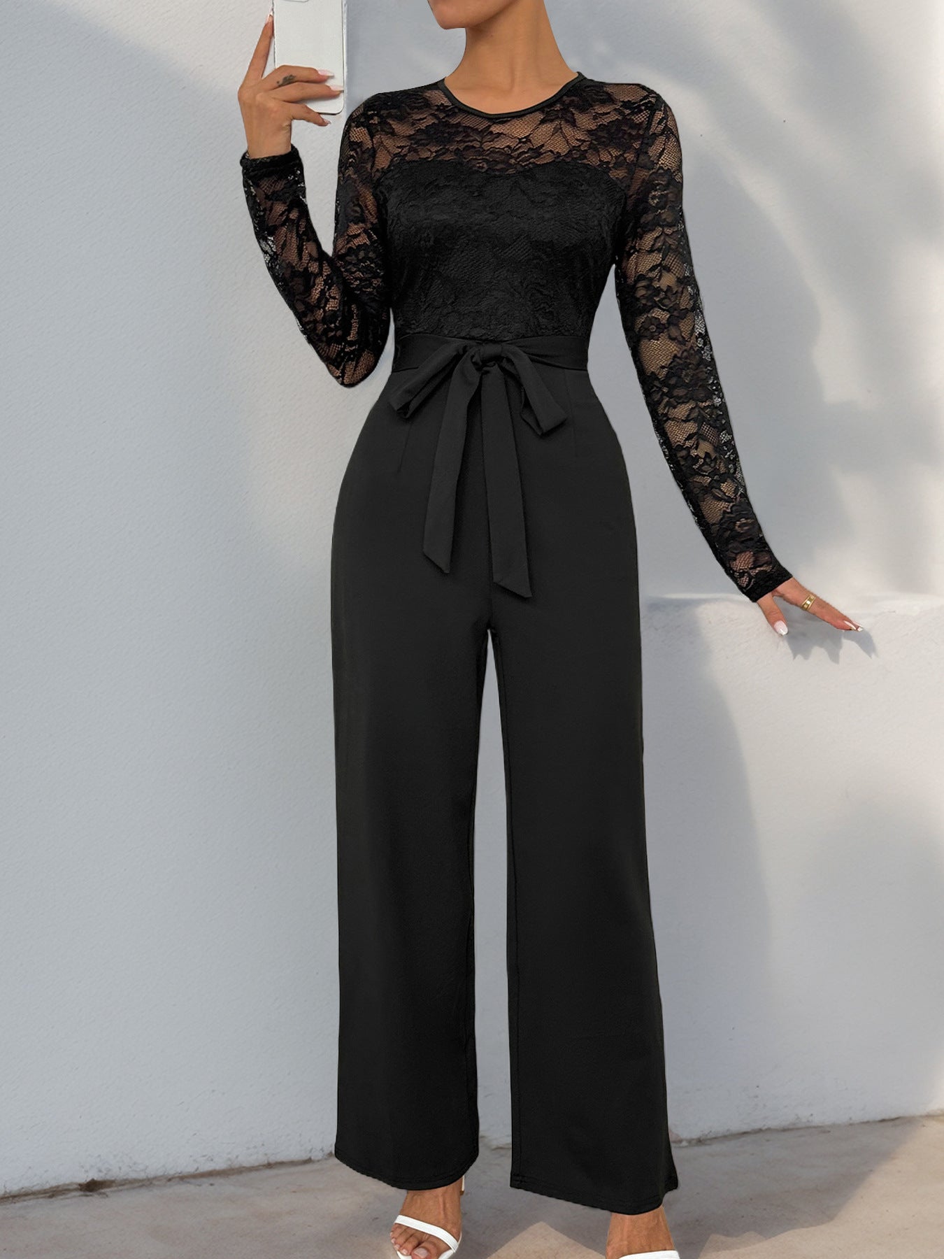 Autumn Lace Patchwork Long Sleeve Solid Color Jumpsuit