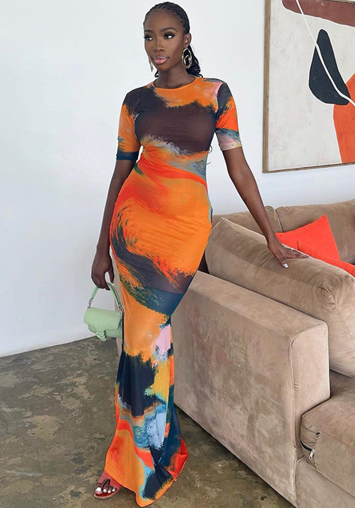 Women's Fashion Printed Round Neck Short Sleeve Street Casual Long Dress