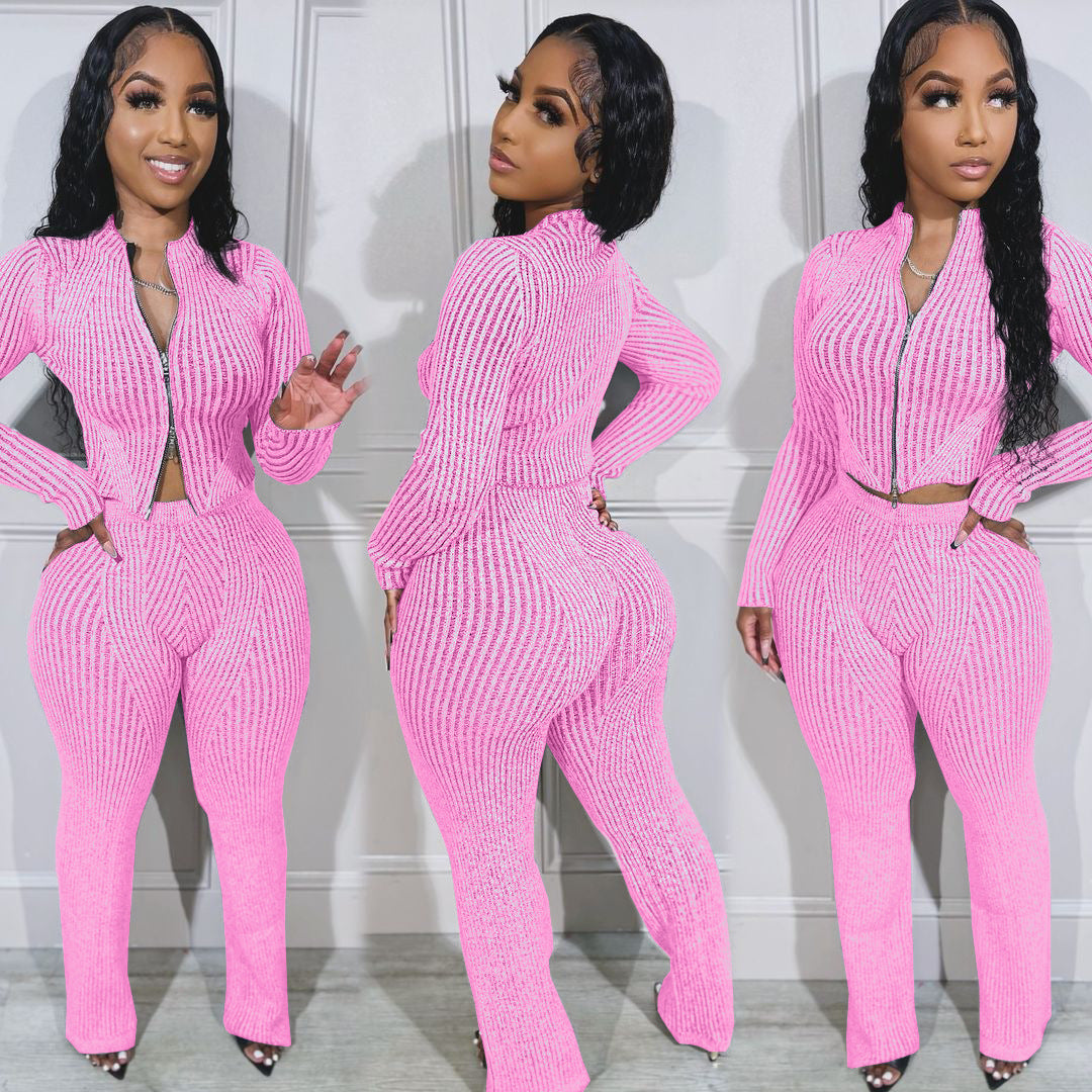 Women Knitting Sweater Two-way Zipper Top and Pants Casual Two-piece Set 4