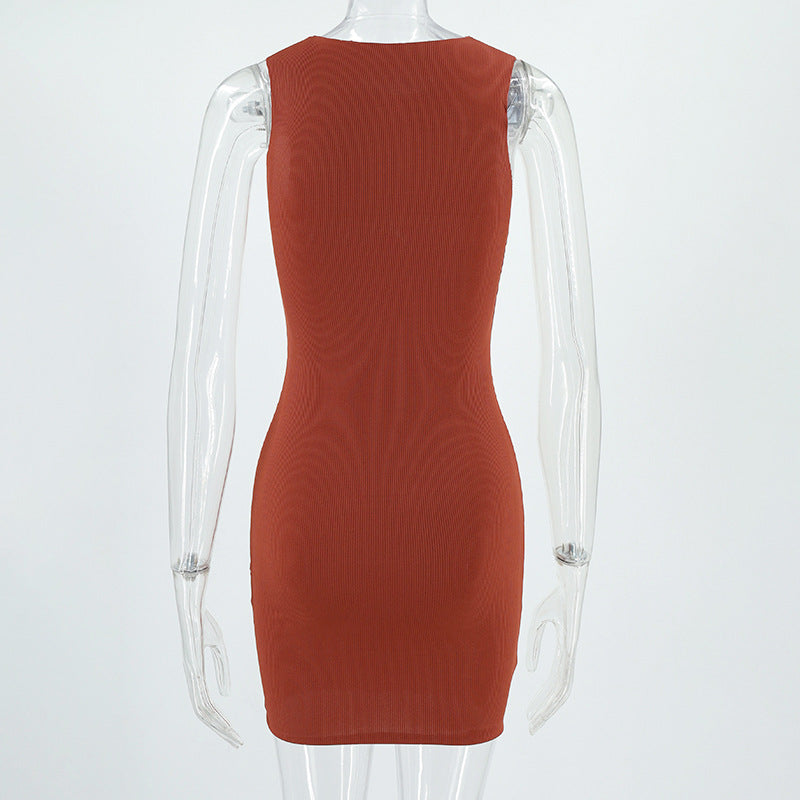 Summer Ladies Round Neck Sleeveless Solid Color Fashion Slim Bodycon Dress 37