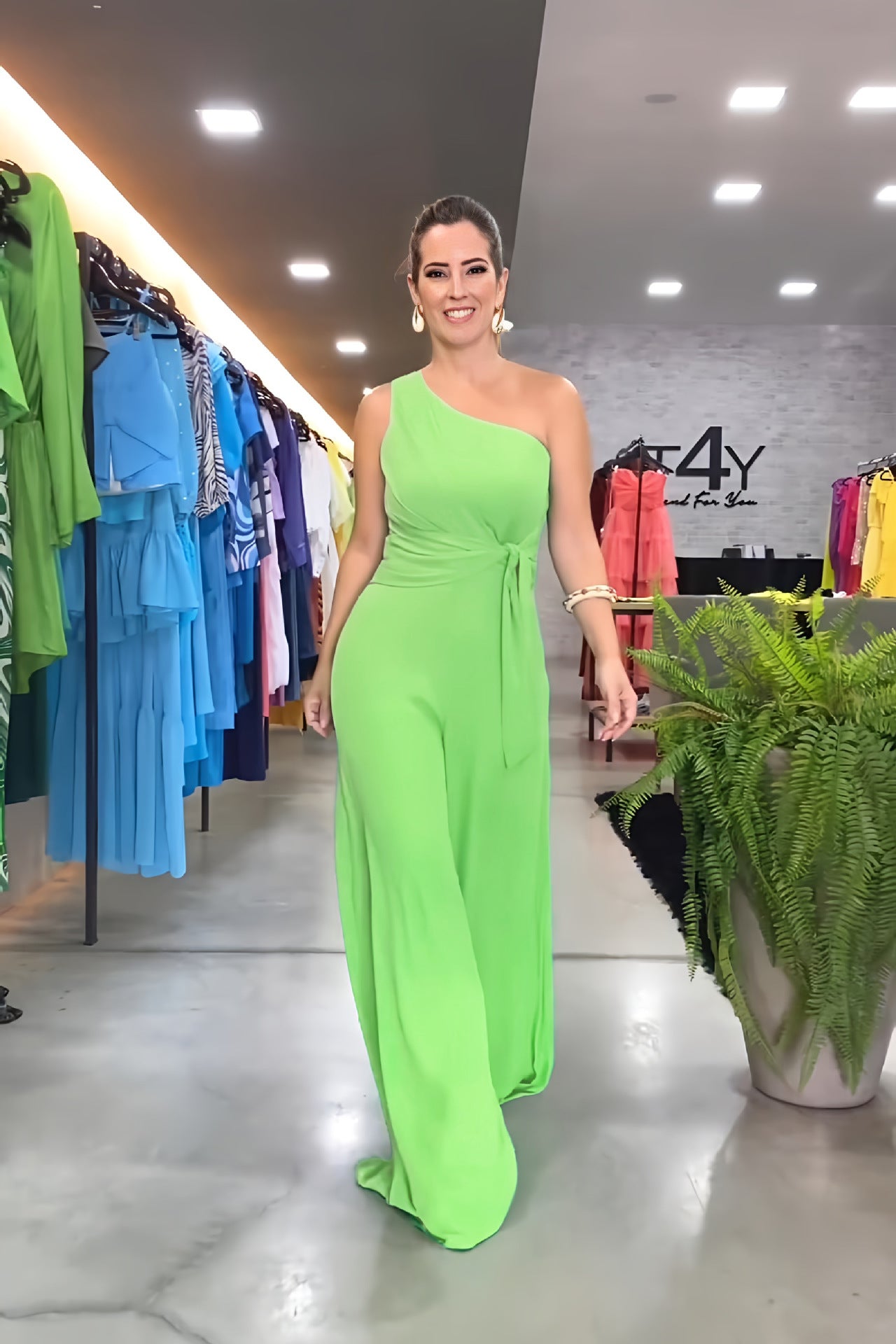 Casual Solid One Shoulder Slim Waist Wide Leg Bell Bottom Women's Jumpsuit 6