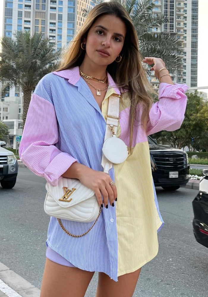 Summer Contrast Stripes Color Matching Loose Shirt