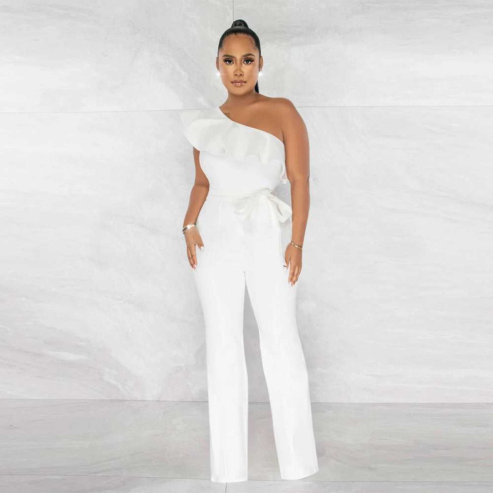 Women Solid Ruffle Jumpsuit with Belt 11