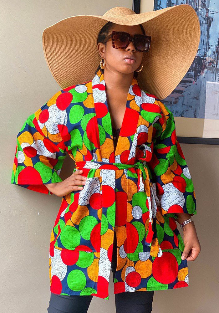 Women's Autumn Digital Print Patchwork Belt Pocket Kimono Jacket