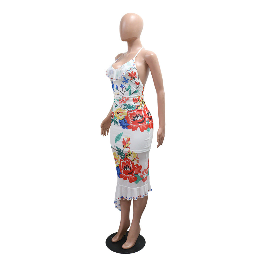 Women Sexy Backless Lace-Up Print Irregular Ruffle Bodycon Maxi Dress 9