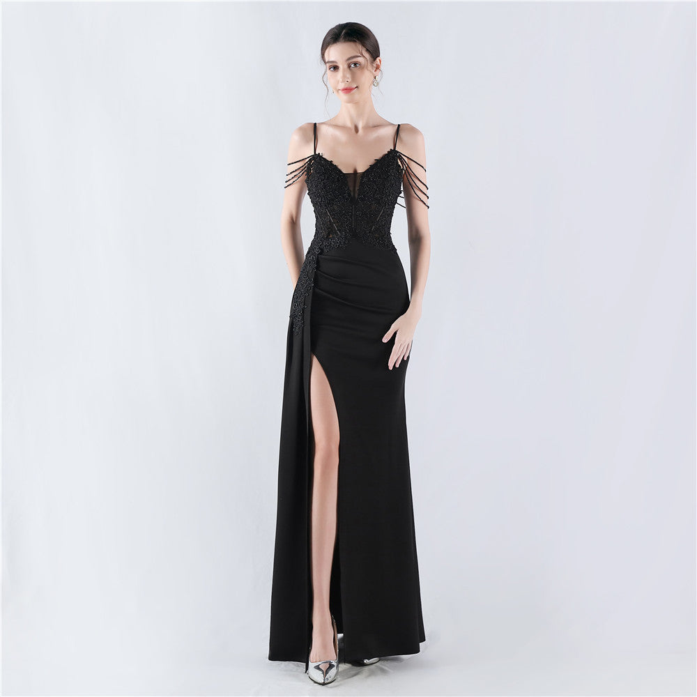 Women Beaded Flowered Fishbone Beaded Evening Dress 6
