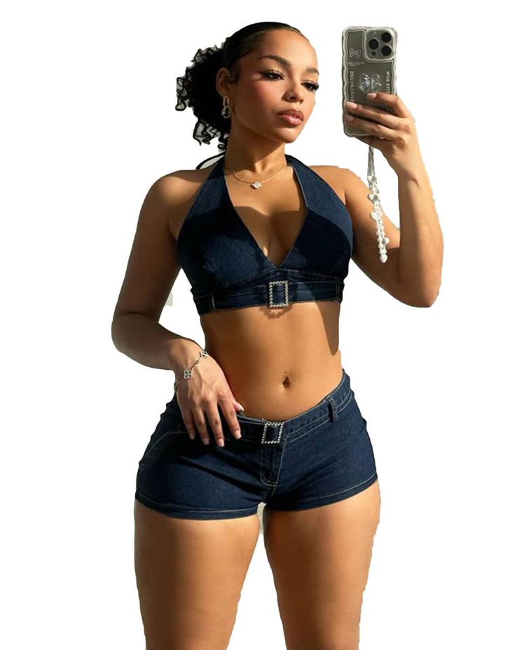 Sexy Halter Neck Stretch Two Piece Denim Shorts Set