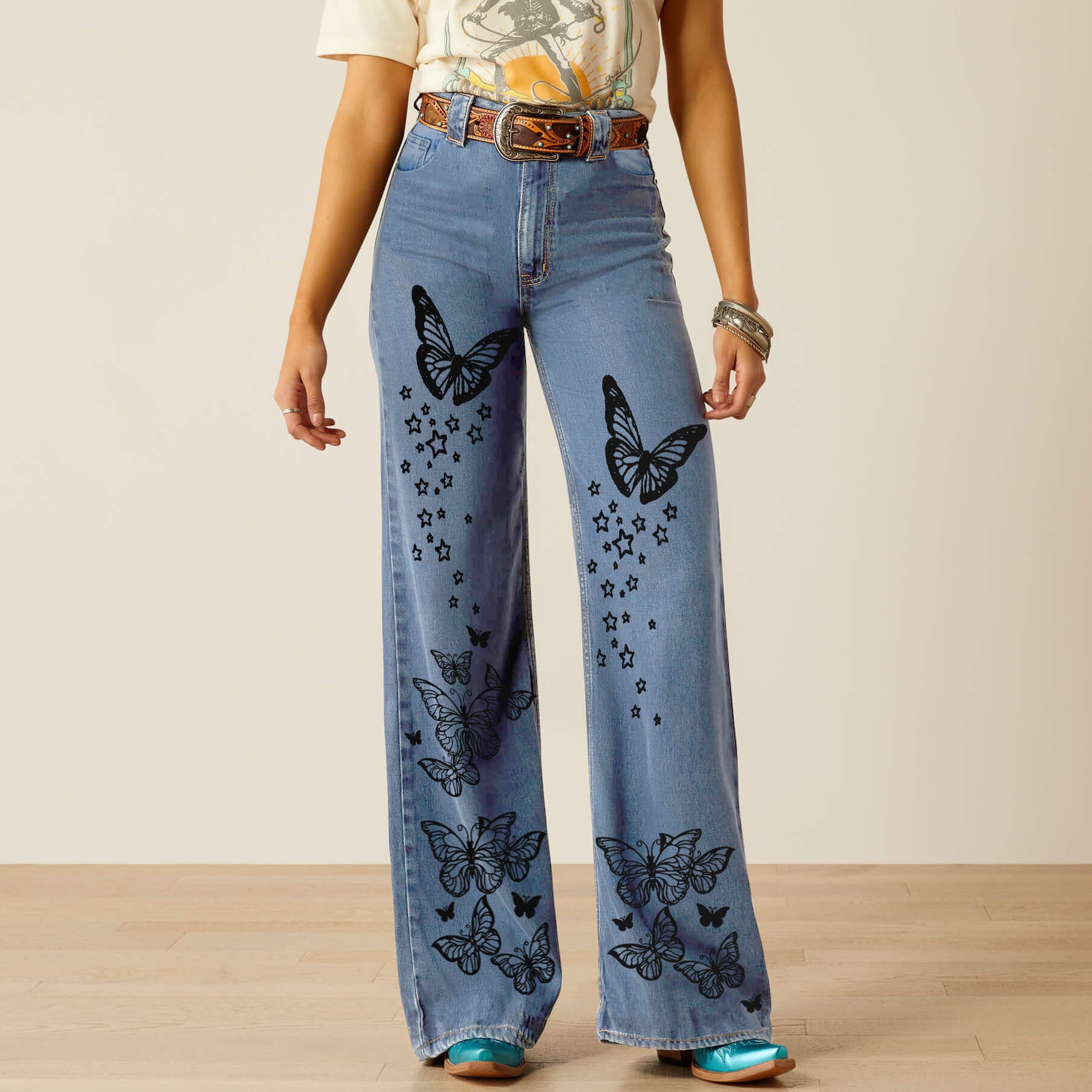 Women retro no stretchy print Denim Pant 8