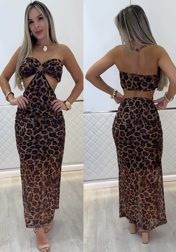 Women's Summer Leopard Sexy Strapless Mesh Dress