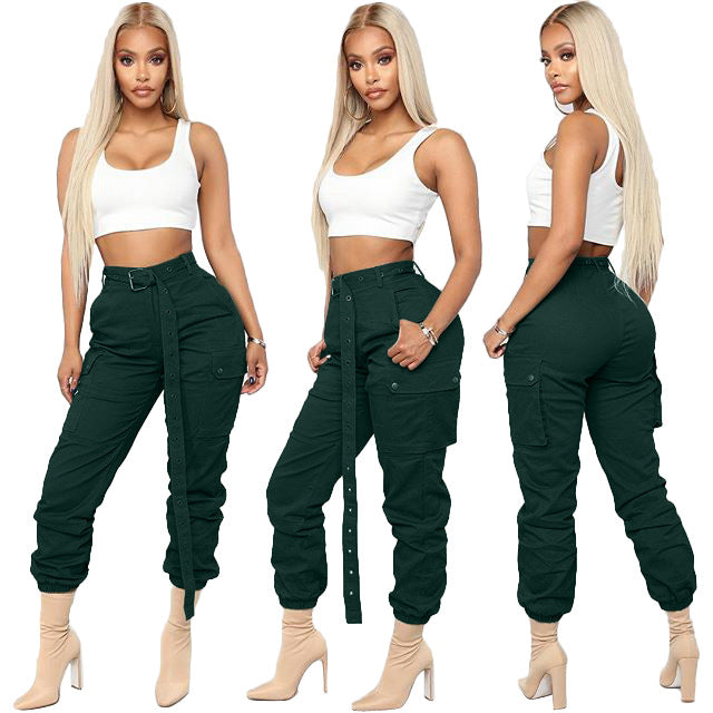 Women Solid Casual Cargo Pants with Belt 10