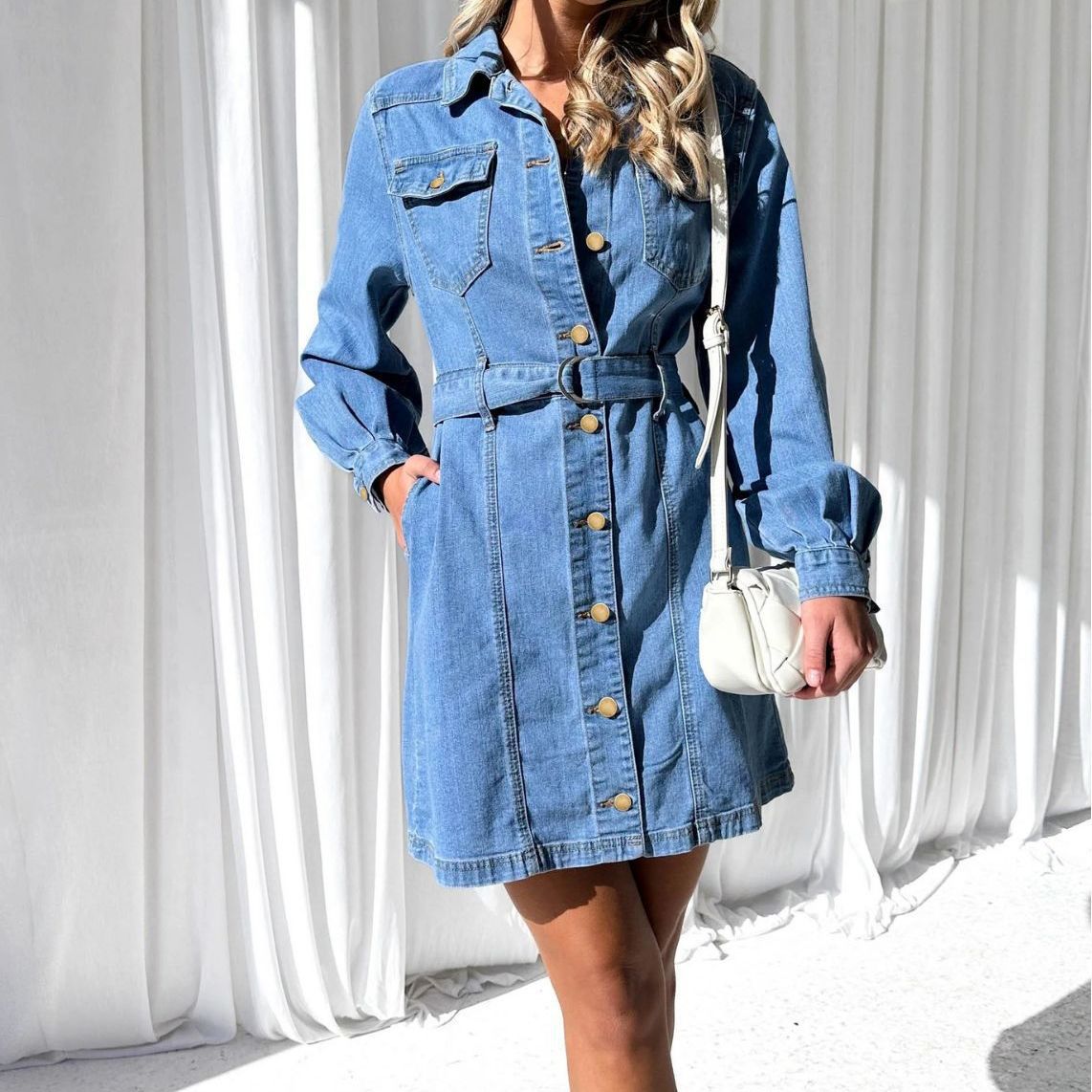 Fashionable Casual Button Tie Slim Fit Long Sleeve Denim Dress For Women 8