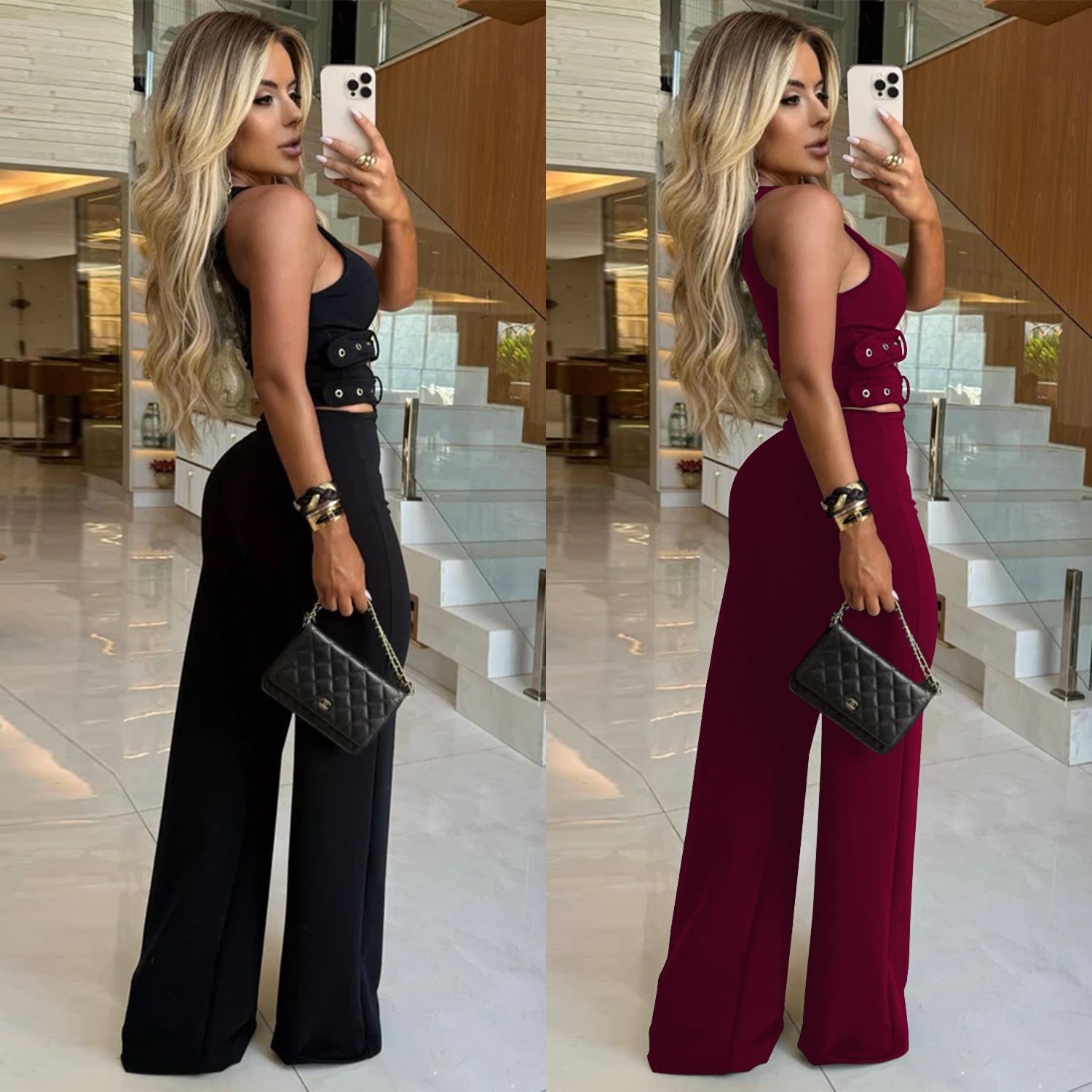 Women V-Neck Buckled Belt Top and Pants Two-Piece Set