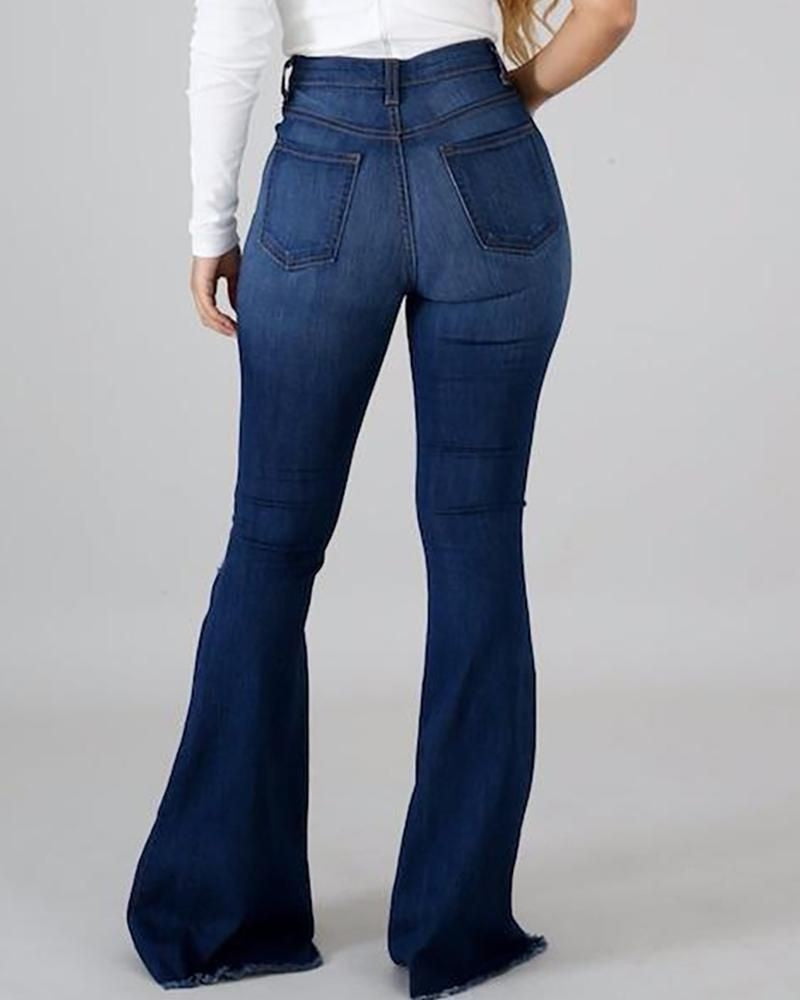 Women Stretch Ripped Denim Bell Bottom Pants 5